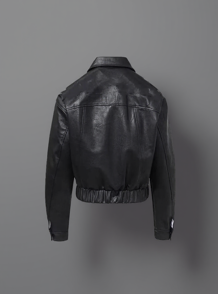 Women's Cropped Utility Leather Jacket – Boxy Fit with Pocket Detail