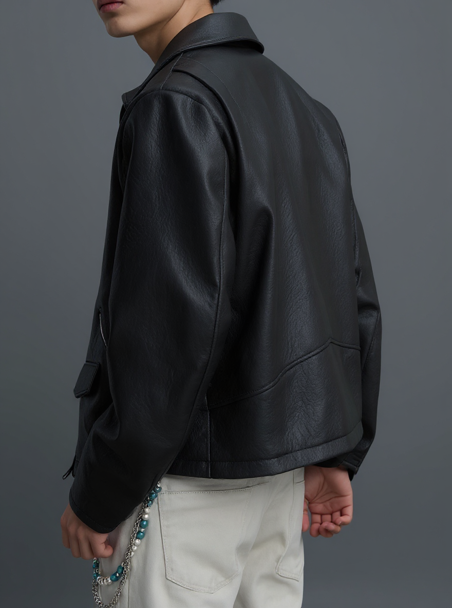 Men’s Textured Black Faux Leather Jacket – Utility Zip Detail