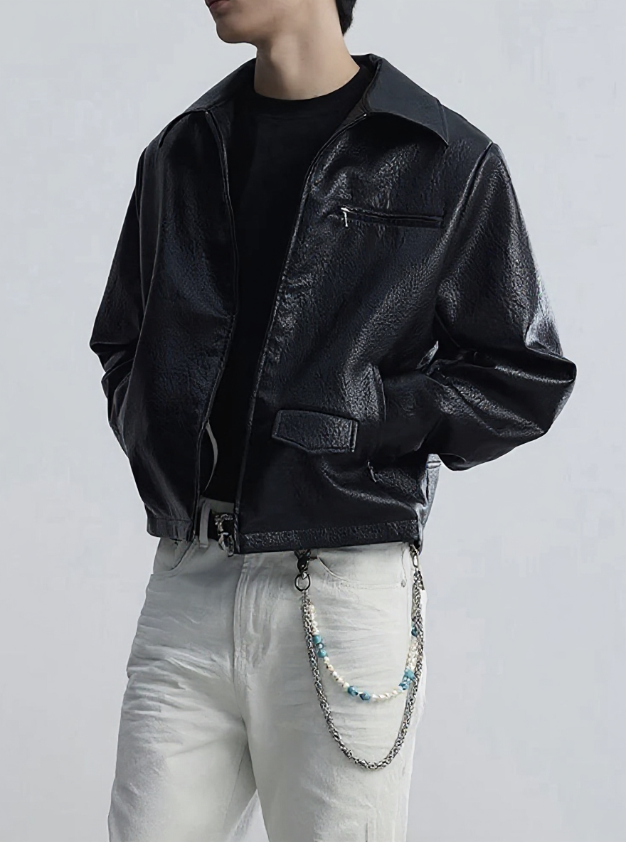 Men’s Textured Black Faux Leather Jacket – Utility Zip Detail