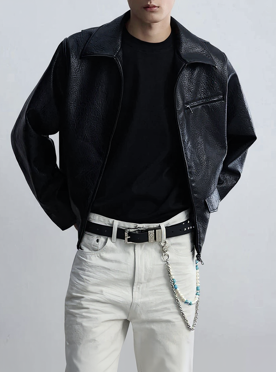 Men’s Textured Black Faux Leather Jacket – Utility Zip Detail
