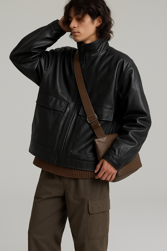 Men’s Oversized Utility Leather Jacket – Minimalist