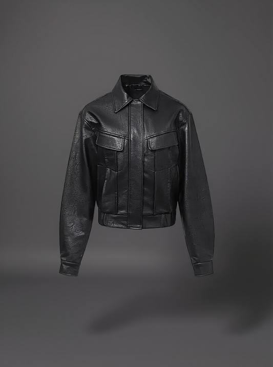 Women's Cropped Utility Leather Jacket – Boxy Fit with Pocket Detail