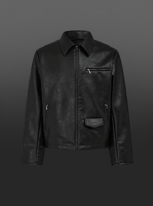 Men’s Textured Black Faux Leather Jacket – Utility Zip Detail