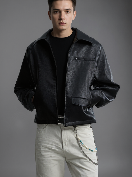 Men’s Textured Black Faux Leather Jacket – Utility Zip Detail