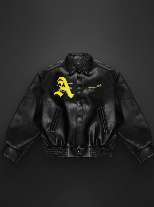 Classic Varsity Bomber Jacket – Black Leather Style