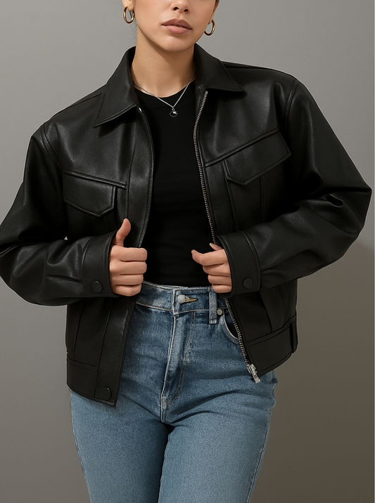 Women's Cropped Utility Leather Jacket – Boxy Fit with Pocket Detail